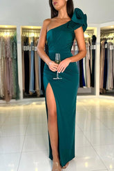 Dark Green One Shoulder Evening Dress Split Long On Sale